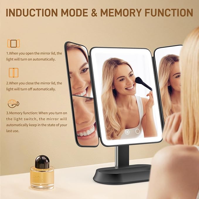 Rechargeable Lighted Makeup Mirror with 1X/3X/5X Magnification, Professional 3-Color LED Trifold Vanity Mirror, Smart Memory, Type-C Charging, Portable Beauty Mirror for Travel, Idea Gifts - Black