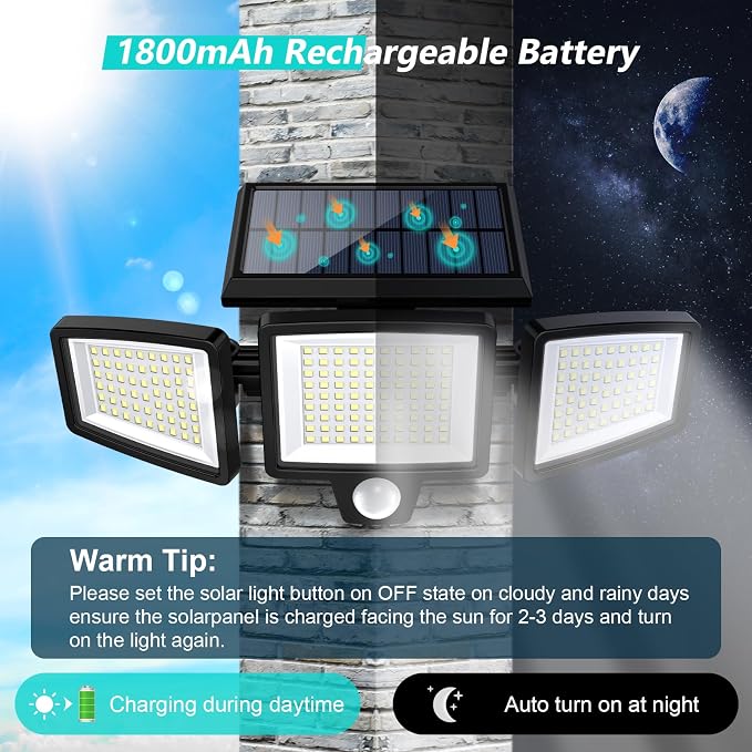 Tuffenough Solar Outdoor Lights 2500LM 210 LED Security Lights with Remote Control,3 Heads Motion Sensor Lights, IP65 Waterproof,270° Wide Angle Flood Wall Lights with 3 Modes(3 Packs)