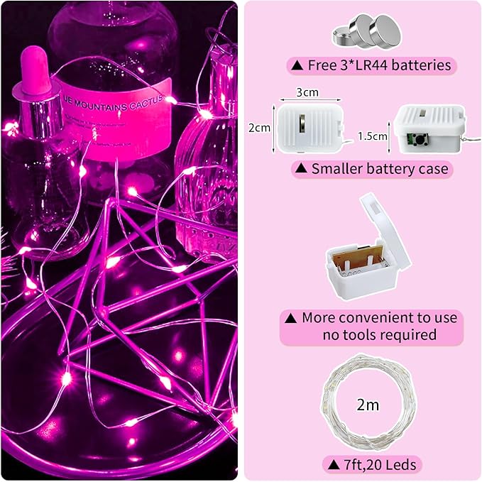 24 Pack Pink Fairy Lights Battery Operated, 7ft 20 LED Mini String Twinkle Lights for Valentine's Day Easter Christmas Halloween Mason Jars Centerpiece Table Decorations (24, Pink)