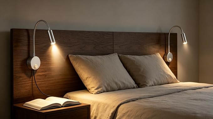 2-Pack Sleek Silver Bed Reading Light Wall Mount Lamp, 25° Focused Beam 3000K Warm White Adjust Neck Lamp, Polished Finish & Sand Silver Base, 4.92ft Plug-in, AC 85-265V