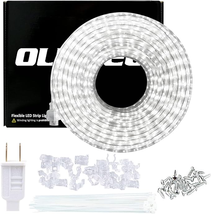 LED Rope Light Waterproof Daylight White 65ft Indoor,Connectable,Plug-in 110V 6000K 480 LEDs,Flexible Light String for Patio Bedroom Camping Ceiling