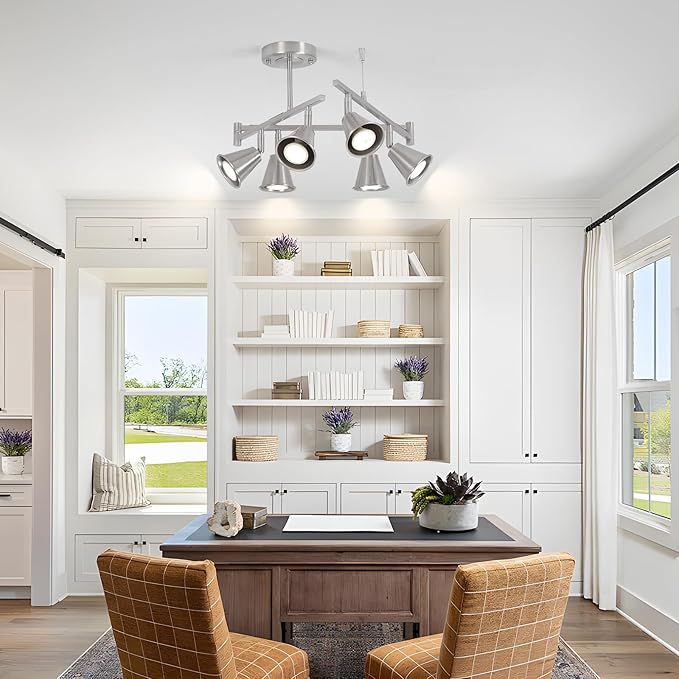 SEEBLEN 6-Light Modern Track Lighting Fixtures Ceiling, Flexible Foldable Arm and Rotatable Light Head,Nickel Kitchen Track Lighting for Kitchen Islands, Dining Rooms, Bars, Closets, Workbenches.