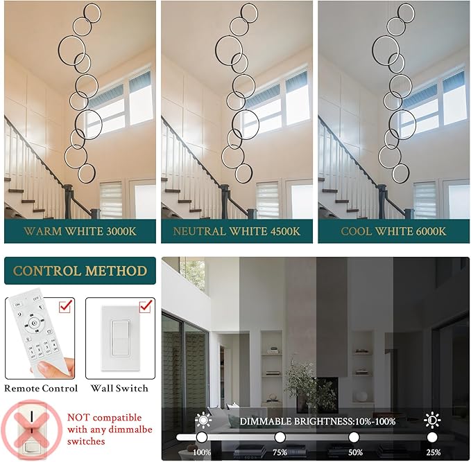 10 Rings Modern LED Chandelier for High Ceiling Dimmable Black Contemporary Pendant Light Fixture Long Foyer Chandelier for Entryway Staircase Dining Room Living Room, 3000-6500K