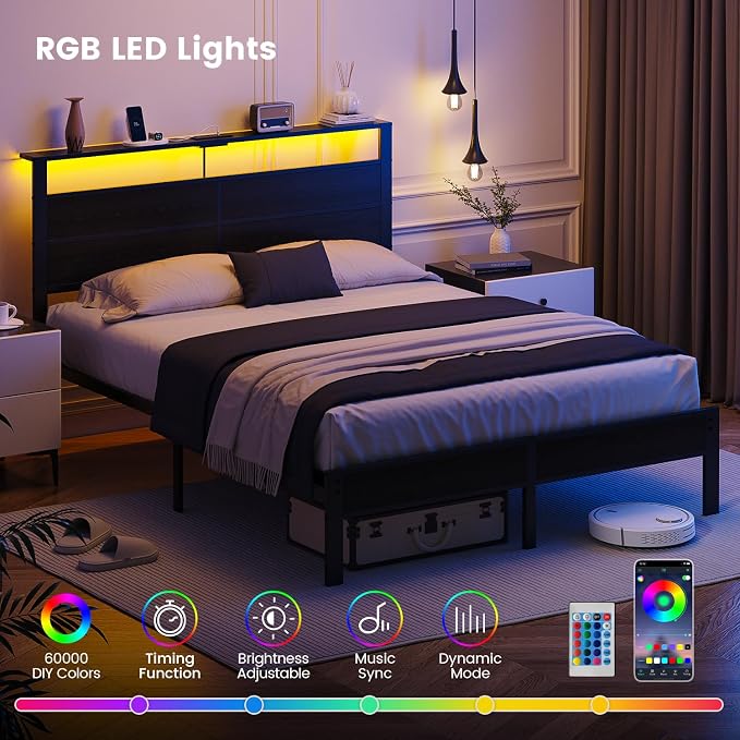 Queen Size Bed Frame with LED Lights and Charging Station Headboard | Black Metal Platform Bed, Storage Shelf, USB+Type C, Noise Free, No Box Spring Needed, Easy Assembly