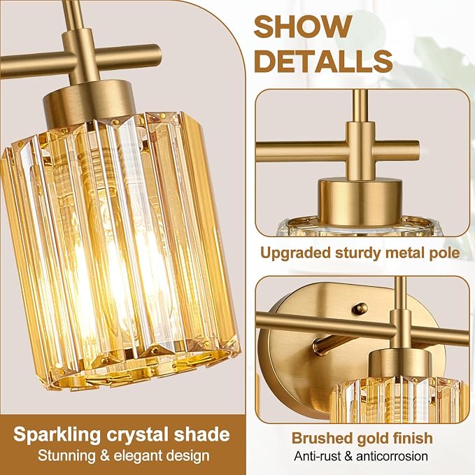 Modern Crystal Bathroom Light Fixtures Over Mirror, 3-Light Brushed Gold Bathroom Vanity Light with Amber Glass Shades, Modern Vanity Lights for Bathroom, E26 Base, Bulbs Not Included