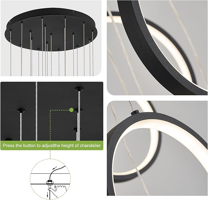 20 Ring High Ceiling Chandelier Foyer, Black Modern LED Large Staircase Long Chandeliers Light Fixture with Remote for Staircase Entryway Living Room Dining Room(118in, 3000K-6500K)