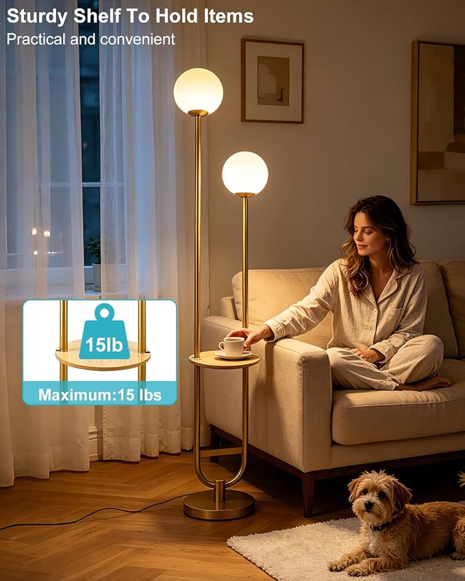 Lightdot 2 Globe Gold Floor Lamp with Table Mid Century Standing Lamps with 3000K LED Bulbs Unique U-Pole Vintage Tall Floor Lamp with 5Lbs Heavy Base for Living Room/Bedroom/Wedding/Party/Home Decor