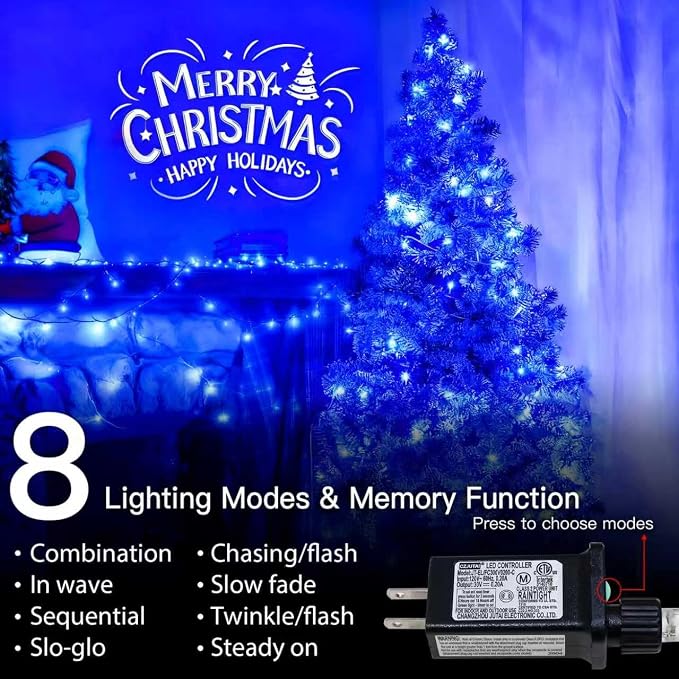33FT 100 LED Blue Christmas Twinkle String Lights Indoor Outdoor | 8 Modes with Memory, Connectable, IP65 Waterproof, Transparent Wire, Up to 5 Sets, Widely use for Classroom, Bedroom, dorm