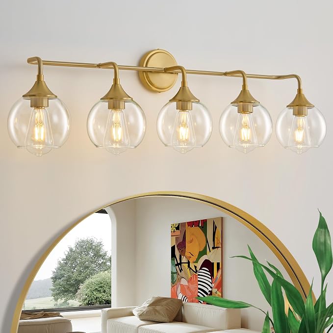 Farmhouse Bathroom Vanity Light Gold 5-Light Vanity Light 39" | Modern Vanity Lighting Fixtures Over Mirror, Thickened Clear Glass Shade, UL E26 Dimmable Vanity Light Fixtures
