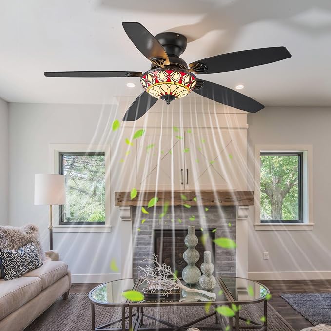 Tiffany Ceiling Fans with Lights-52"Ceiling Fan Chandelier and Glass Shade | 52" Ceiling Fan Chandelier with 5 Dual-Blades and Glass Shade, 6 Speeds and Reversible, Indoor and Outdoor, Retro Style