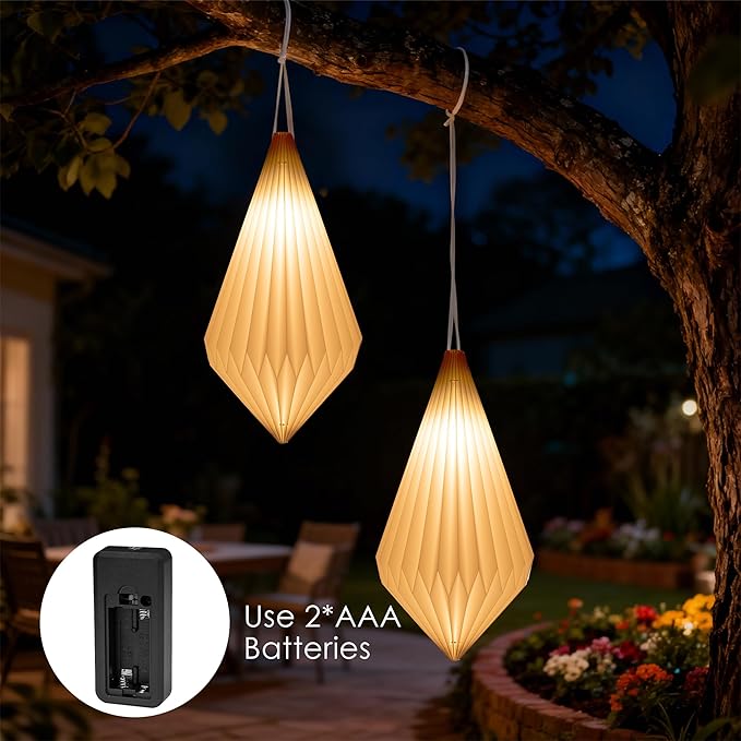 Battery Operated Outdoor Paper Lantern for Patio & Garden — 2Pack Waterproof Hanging Decorative Light with Remote Timer, Foldable Paper Lantern with String for Backyard, Porch Decor