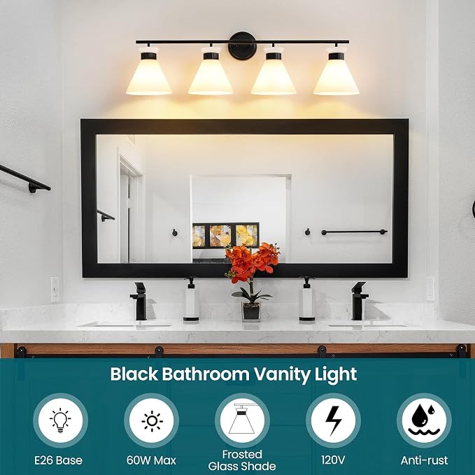 Black Bathroom Vanity Light Fixtures: Bathroom Lighting Fixtures over Mirror 36 inch with Milky White Frosted Glass, 4 Bulbs Farmhouse Vintage Vanity Lighting Bathroom Wall Light(Exclude Bulb)