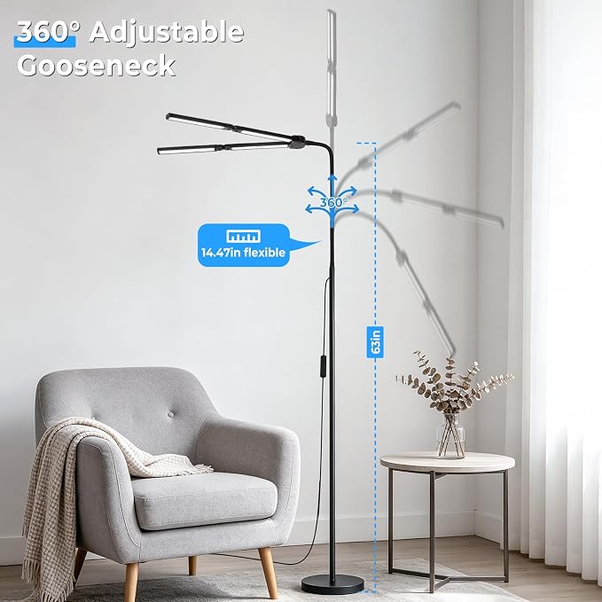 LED Floor Lamp with 4 Light Bars, 24W/3000LM Ultra Bright Wide Reading Lamp | Architect Standing Lamp with Rotating Swing Arm, Dimmable Flexible Gooseneck Floor Lamp for Office, Task Lamp for Craft Read