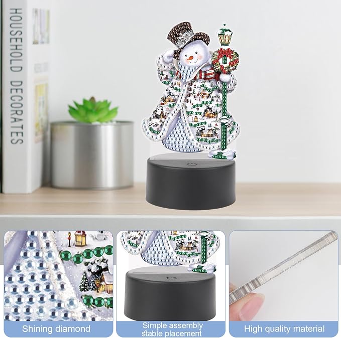 JISHSHAY Christmas Diamond Painting Night Light Diamond Art Table Lamps Gem Art LED Lights Gem Painting Desk Lamp Mosaic Kits for Adults DIY Kits for Adults Paint by Numbers Special Shaped Snowman