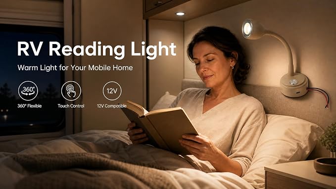 2 Pack 12V RV Reading Light, Flexible Gooseneck LED Wall Lamp with Touch Switch, 4000K Warm White Bedside Spotlight for Camper, Trailer & Boat Interior, PWM Dimmable (External PWM Dimmer Not Included)