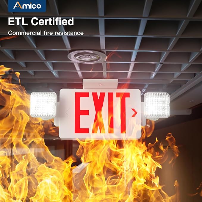 Amico 4 Pack Double-Sided Exit Sign with Emergency Lights, Two LED Adjustable Head with Battery Backup, ETL Certified, AC 120/277V, Commercial Emergency Lights Combo for Business