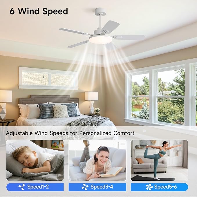 44 Inch Ceiling Fans with Lights and Remote for Bedroom Living Room Kitchen Office, Indoor/Outdoor Use, 5CCT Dimmable, Dual Color 5 Blades, 6 Speed Reversible Quiet DC Motor, White/Wood Grain