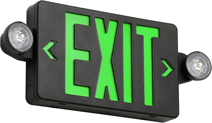 TANLUX Green Exit Sign with Emergency Lights, LED Emergency Exit Light with Battery Backup, Black Housing, UL Listed, AC 120/277V, Commercial Emergency Lights Combo for Business - 1 Pack