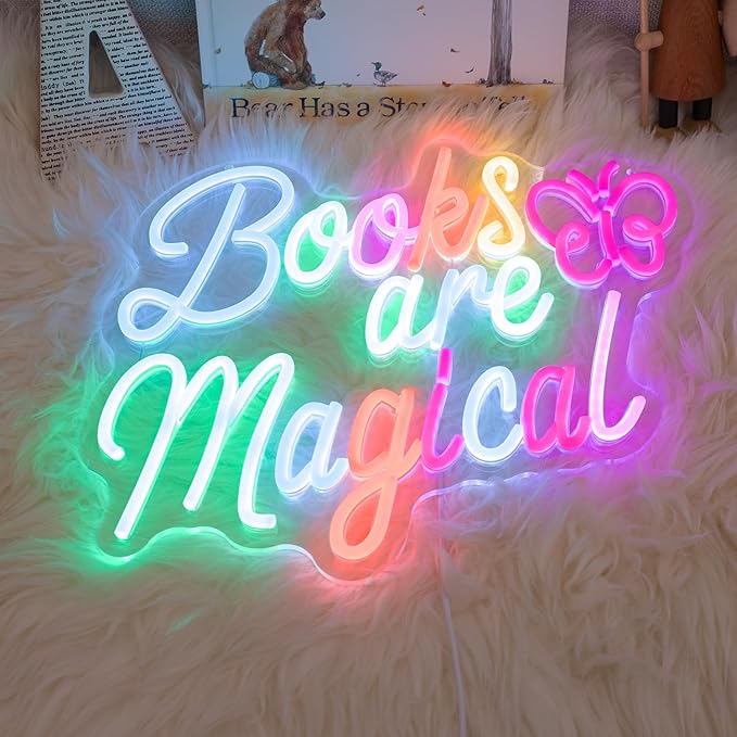 Books Are Magical Neon Sign, Neon Signs for Wall Decor, Dimmable Led Signs for Bedroom, Light Up Signs for Classroom Reading Room Book Party Library Decoration Decor 14.57 x 12.6 inch