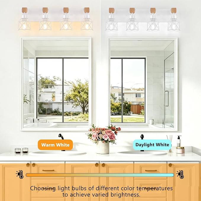 FadimiKoo 4-Light Farmhouse Vanity Lights for Bathroom, White Wood Bathroom Light Fixtures Over Mirror, Rustic Vanity Lights with Metal Shade, Bathroom Lighting for Living Room, Bedroom, Hallway