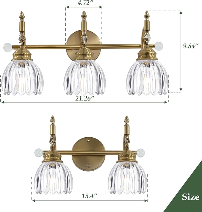 2 Light Vintage Vanity Light,Gold Brass Bathroom Light Fixture with Flower Clear Glass Shades,Bathroom Wall Light Over Mirror,E26 Base,Bulbs NOT Included