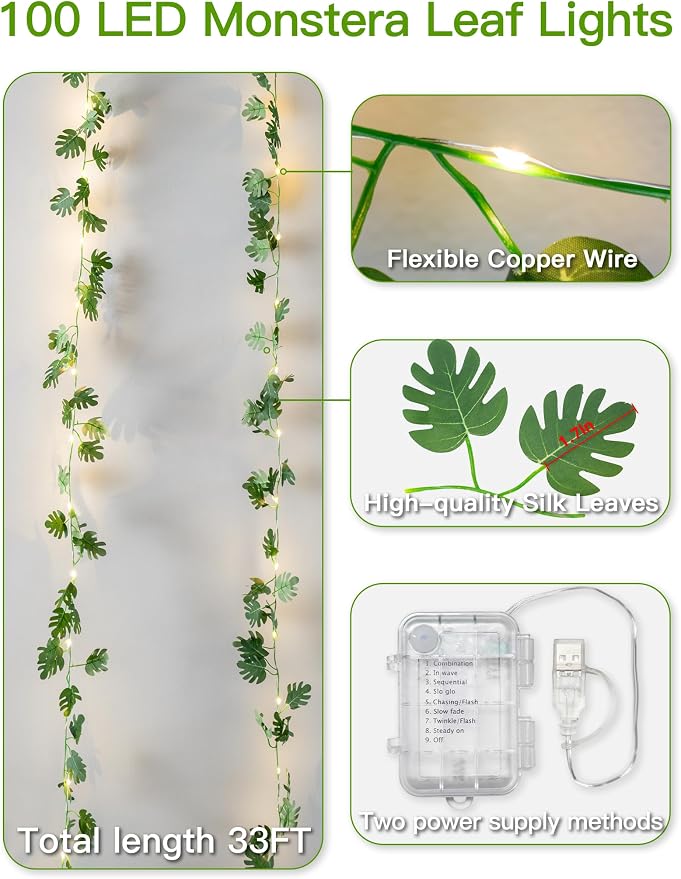 33FT Monstera Vines with Lights Battery & USB Powered Copper Wire | 100Led Leaves String Lights with Remote,Artificial Plants for Indoor, Bedroom,Wall,Party Tropical,Dorm Decor(Warm White)