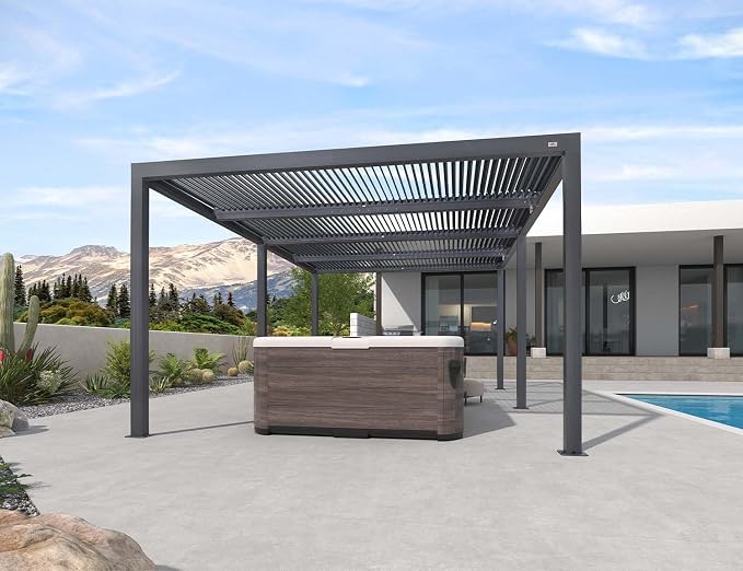 PURPLE LEAF Louvered Pergola 12' x 20' 94AS w/ 1W Side Shutter Wall Grey | Four Adjustable Roofs, Rainproof System, Reinforced 5.12-Inch Beams, Plus Privacy Shutters For Seclusion, Taller Design