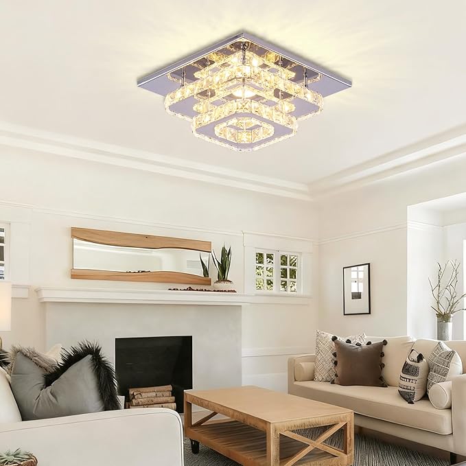FRIXCHUR Dimmable Crystal Chandelier Ceiling Light with Remote Square Led Flush Mount Small Chandelier for Dining Room Kitchen Wedding Hallway Foyer,9.8"
