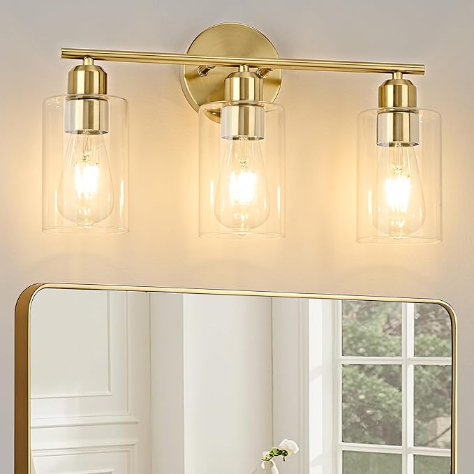 3-Light Bathroom Light Fixtures, Gold Bathroom Vanity Lights, Bathroom Lighting Fixtures Over Mirror with Clear Glass Shade, Wall Sconce Light for Bedroom, Living Room and Hallway