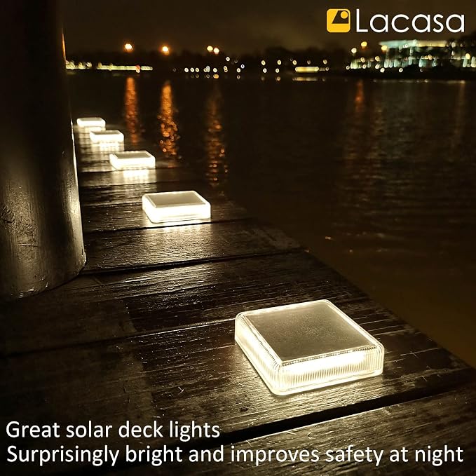 Lacasa Solar Deck Lights, 4 Pack 30LM LED Dock Lights Natural White 4000K, Outdoor Solar Powered Step Lights Light up All Night IP68 Waterproof Auto ON/Off for Garden Stairs Driveway Pathway Lighting