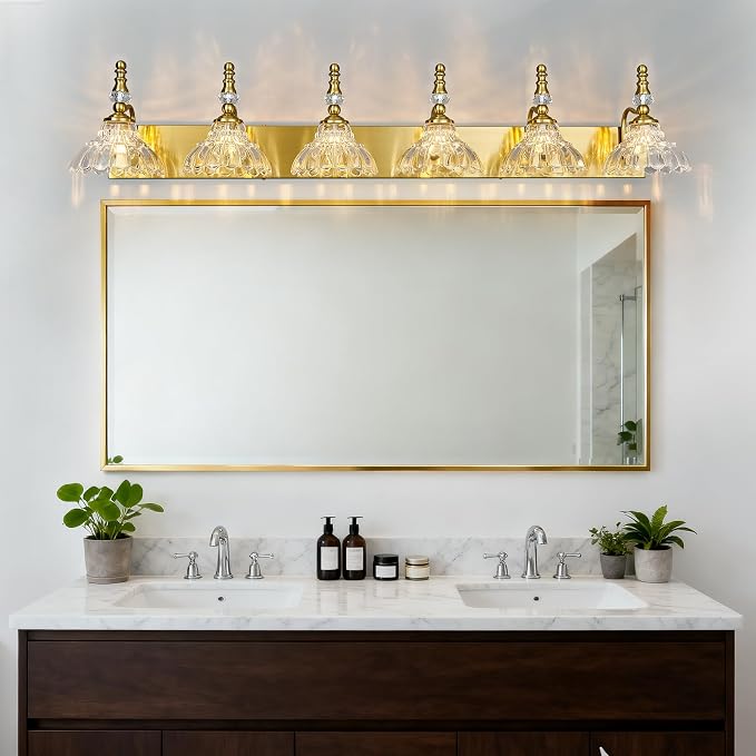 Vintage Bathroom Vanity Light, 6-Light Gold Vanity Lighting Fixture with Flower Glass Shade, Bathroom Lighting Fixtures Over Mirror
