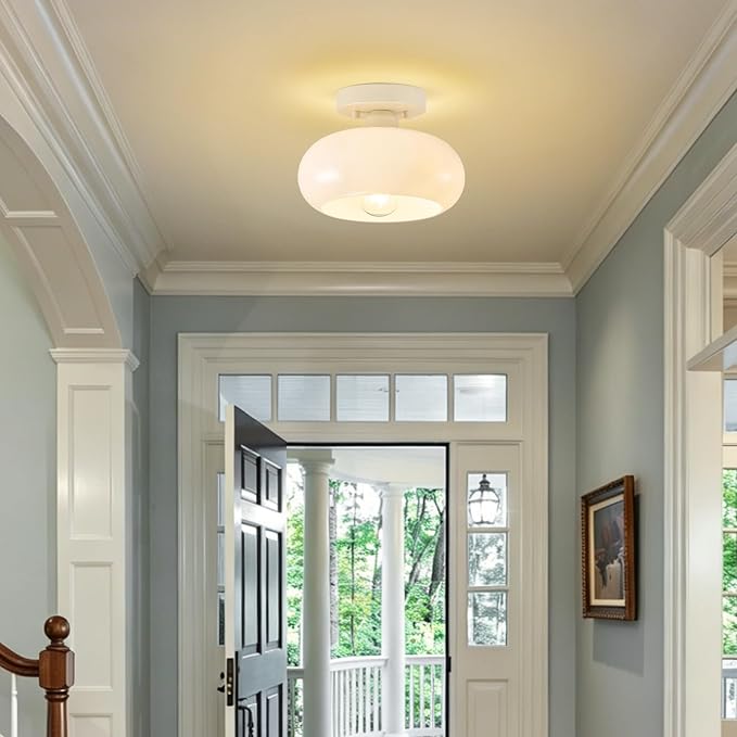 WOKNOS Mid-Century Modern Cream White Semi Flush Ceiling Light 8.66 Inch | Mini White Glass Shade Close to Ceiling Lighting Fixture For Kitchen Entryway Hallway Bathroom Closet Bedroom Laundry Room