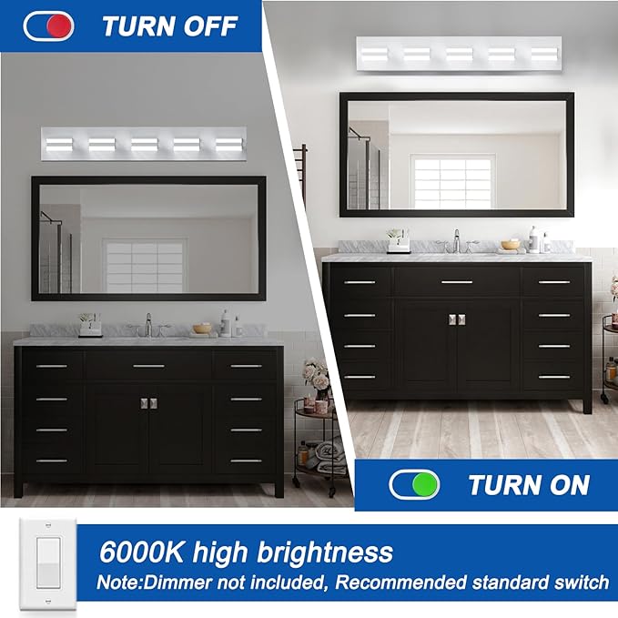 IZORRO LED Modern Bathroom Lights Fixtures(5-Light,Dimmable),Matte White Acrylic Wall Lighting,Vanity Lights for Bathroom Over Mirror - 6000k 36In （No Assembly Required）