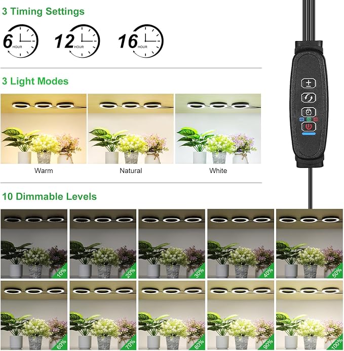 4.72in Black Indoor Plant Grow Lights, Full Spectrum Grow Lamp, 180 LEDs Warm White 3 Head Black Metal Angel Ring for Ceiling Cabinets & Shelf, 6/12/16H Timer, 3 Modes, 10 Levels