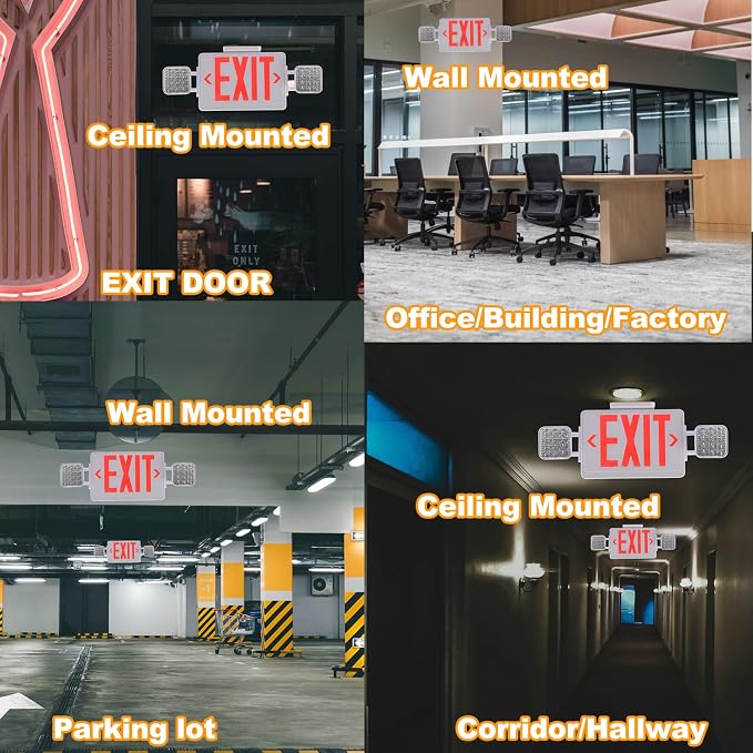 Red Exit Sign with Emergency Lights, 200lm 3Hours Plug in Exit Sign Battery Backup Lights for Business,Commerical Emergency Lighting Combo UL 924 AC85-277V Double Face