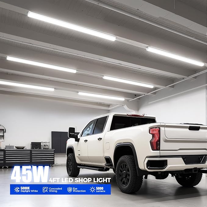 Barrina LED Shop Lights 4FT for Workshop, Garage, 45W 5000LM 5000K, 2 Packs | 4Foot for Warehouse Basement Kitchen and Workbench, Hidden Wiring, Ceiling Mount, with ON/Off, Linkable to 4, Frosted Cover