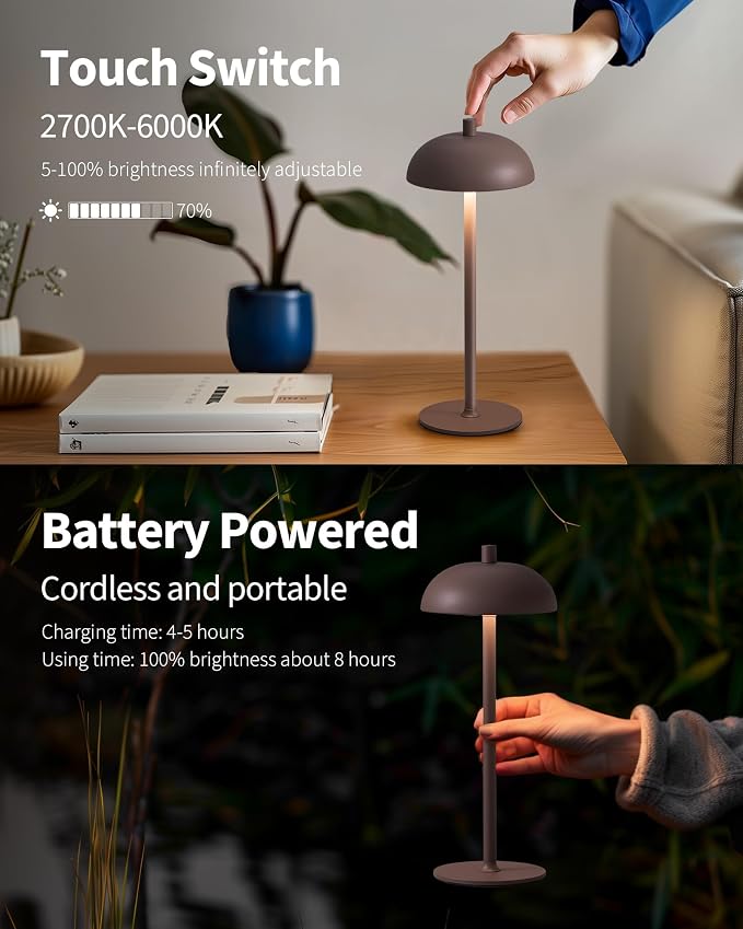 12" Cordless Table Lamps Set of 2, Brown Modern Portable Desk Lamp | LED, 3 Color Dimming, Rechargeable, Battery Operated Lights for Bedroom, Outdoor, Restaurant, Bedside, Night Light, Gifts