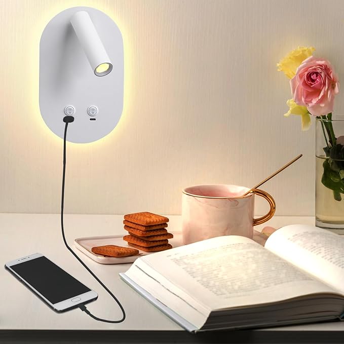 Wall Lamp Plug in Hardwired 2 in 1 Wall Sconces, Wall Mounted Reading Light with USB Type C Ports, Adjustable Bedside Headboard Spotlight, Bedside Lamp with 9W+3W Night Light 3000K (White)