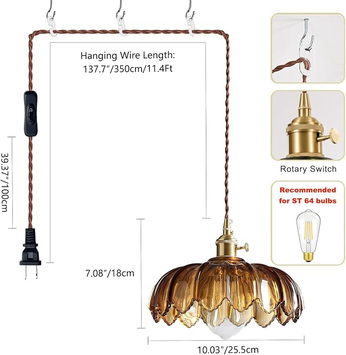 XZHGCEE Plug in Pendant Light: Amber Glass Hanging Lamp Plug in, 14.7ft Swag Lamp Cord with On/Off Switch for Kitchen Island/Dining Room/Bedroom/Living Room Hanging Light, No Bulb