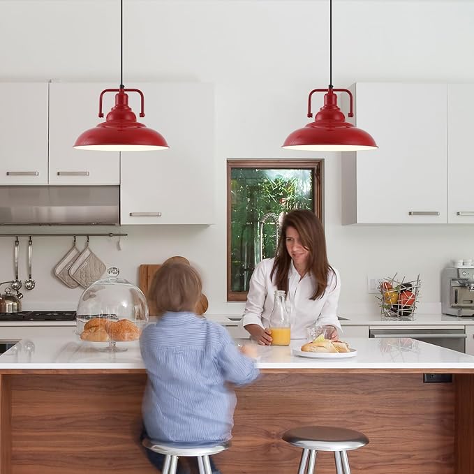 Farmhouse Pendant Light, 2 Packs 12.5inches Red Kitchen Pendant Lights, Island Pendant Lights, Modern Pendant Lights, Pendant Light for Kitchen, Living Room, Bedroom, Hallway