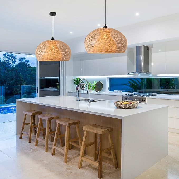 23.6" Bamboo Chadelier,Rattan Pendant Light | Hand Woven Bamboo Chandelier,23.6" Boho Wicker Hanging Light for Kitchen Island Dining Bedroom Living Room Restaurant