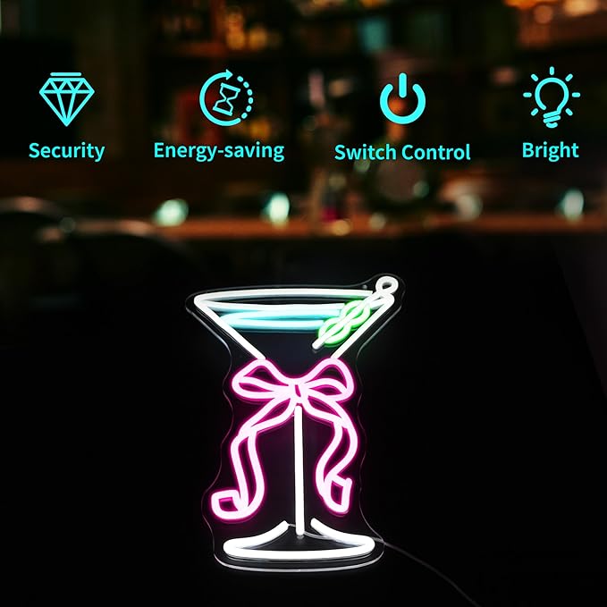 Neon Sign, HSJNJKFU Neon Signs for Wall Decor Bow Cup Light Sign, Bar Beer Signs for Man Cave, Home, Party, Room Decor, LEd Sign USB Powered