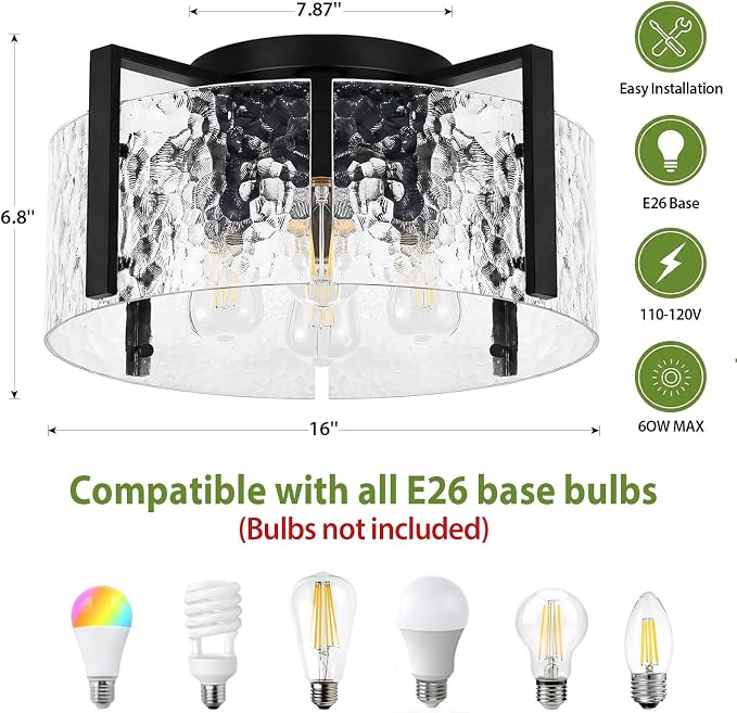 16" Semi-Flush Mount Ceiling Light, 4-Light Hammered Glass Drum Fixture | OYKYOHEI Indoor Lighting for Bedroom Hallway Entryway Kitchen Foyer Living Room Laundry Decor, Black Modern Dimmable E26