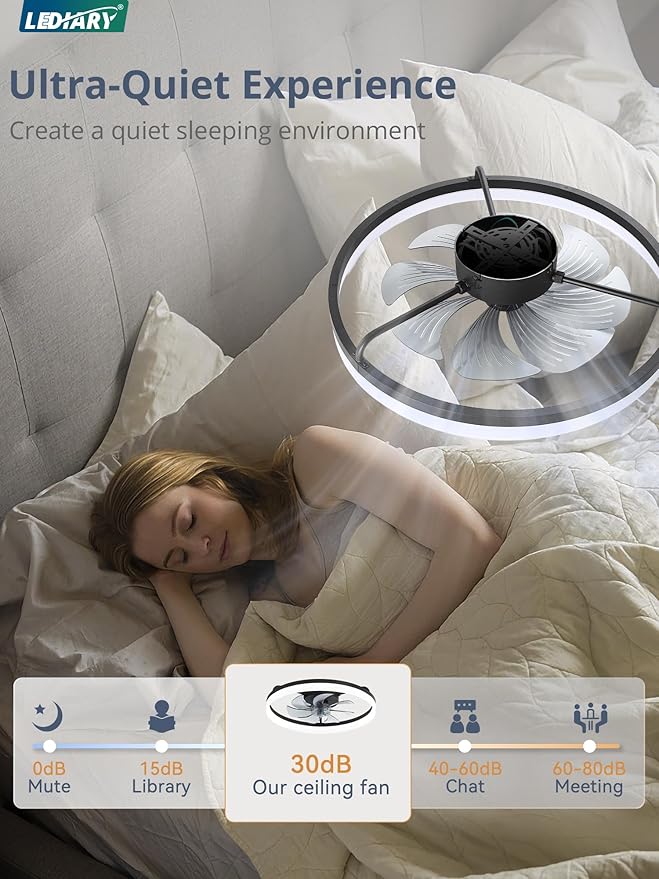 LEDIARY 23" Low Profile Ceiling Fans with Lights, APP & Remote, Black | Flush Mount, Dimmable LED, Quiet DC Motor, Reversible, 6 Speeds, Fandelier, for Bedroom