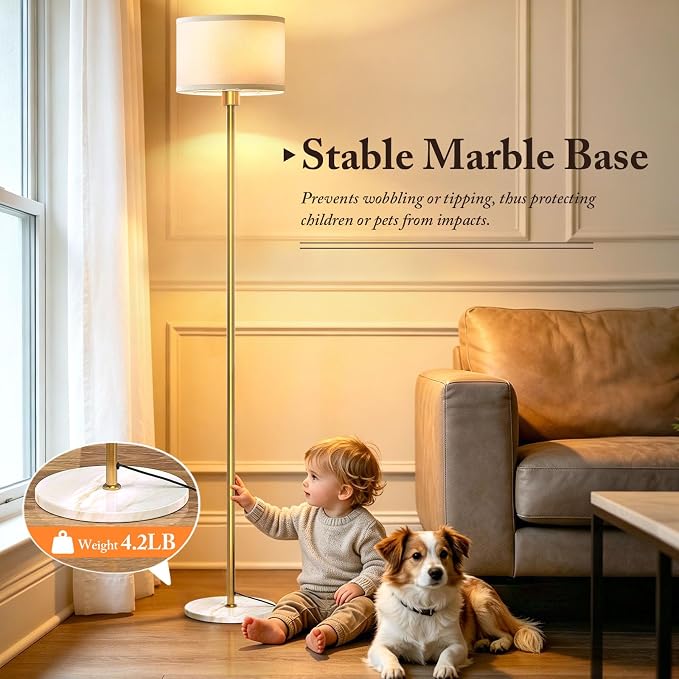 63" Gold Floor Lamp for Living Room, Standing Lamp with Marble Base | Tall Pole Light with White Linen Shade, Modern Floor Lamp for Bedroom Reading Office Corner Nursery, Bulb Included