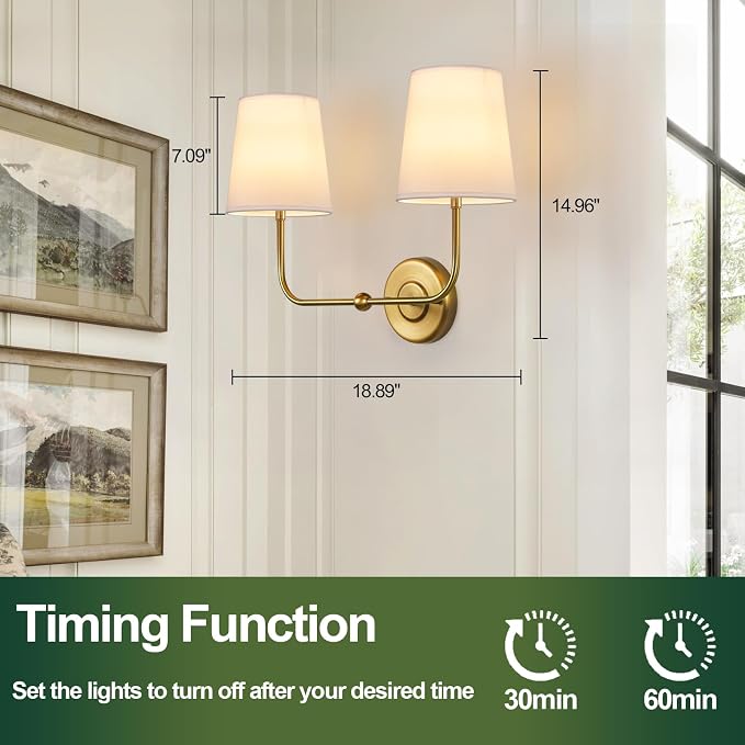Battery Operated Double Wall Sconce, Cordless Rechargeable Battery Powered 2-Lights Fabric Sconces with Remote Control,Dimmable Sconce Wall Decor Lights for Vanity,Bedroom, Living Room