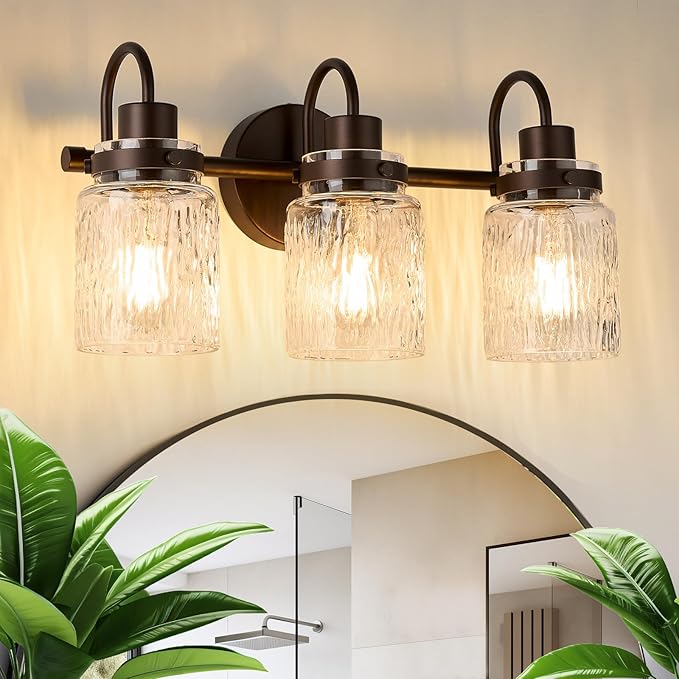 3 Lights Hammered Glass Bathroom Vanity Light, Oil Rubbed Bronze | Easy Installation,Up or Down,Farmhouse Modern Style,E26 Socket,ETL Certification