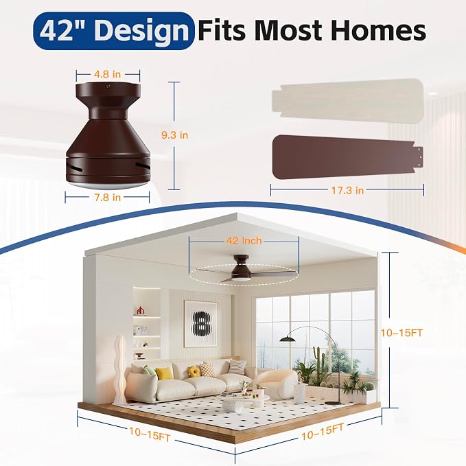 42 Inch Ceiling Fans with Lights And Remote, 3CCT/Flush Mount/6 Speed/Brown | Flush Mount Low Profile Ceiling Fan, 6 Speed Noiseless LED Ceiling Fan, Advanced Brown Ceiling Fan for Bedroom Living Room