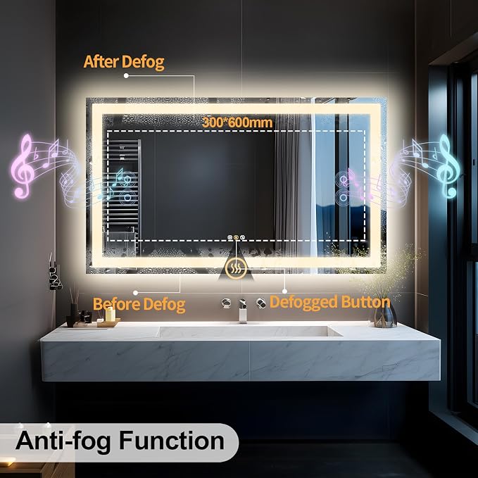 40"x28" LED Bathroom Mirror with Lights,Bluetooth Dual Speaker | Anti-Fog,3 Color Temperature,Dimmable Brightness,Memory Function,Waterproof,Wall Mount Design,Tempered Glass