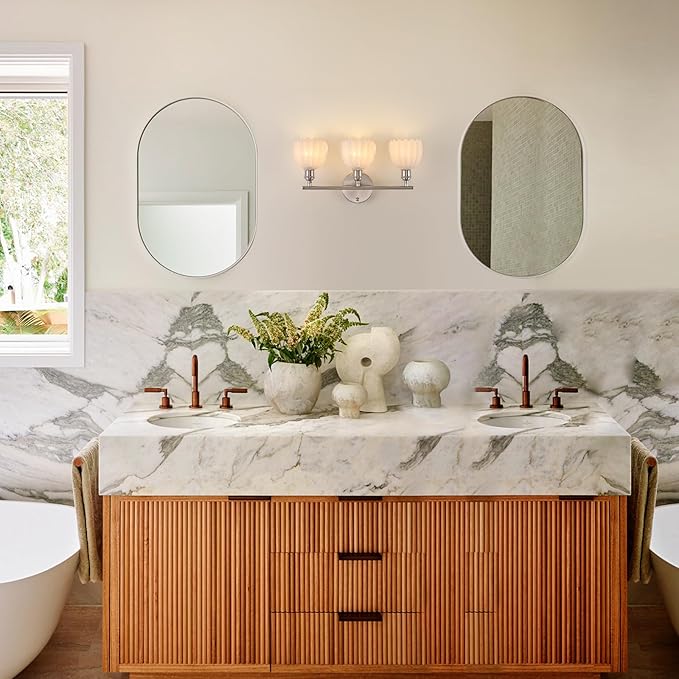 Bathroom Light Fixtures, 3-Light Vanity wall Light Over Mirror with White Tulip Glass Shade for Bedroom Living Room (Bulb Not Included), Satin Nickel